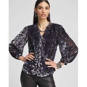 Chico's Black Burnout Velvet Blouson Sleeve Suplice Blouse M/8
